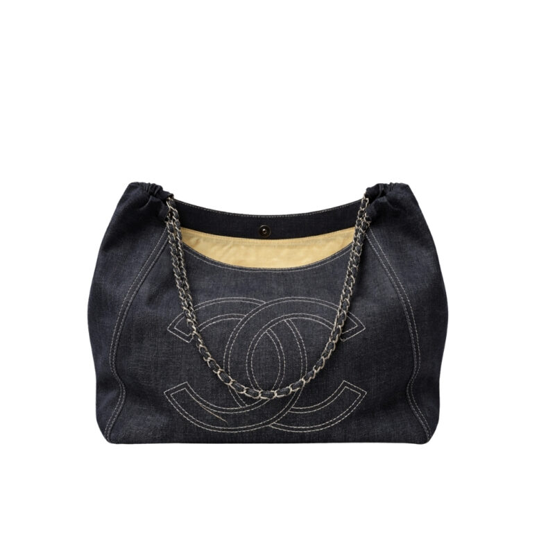 Chanel Large Hobo Bag Black Denim Chain Strap 36Cm