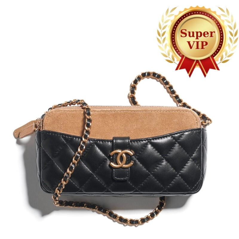 [Super Vip 1:1] - Chanel Zipped Phone Holder With Chain Shiny And Gold Tone Metal Black Beige 18Cm Ap4743 B20685 U1546
