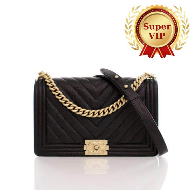 [Super Vip 1:1] Chanel Le Boy Chevron Caviar Black 25Cm