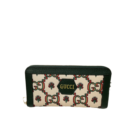 Gucci Zipper Around Long Wallet Green And Beige 19Cm