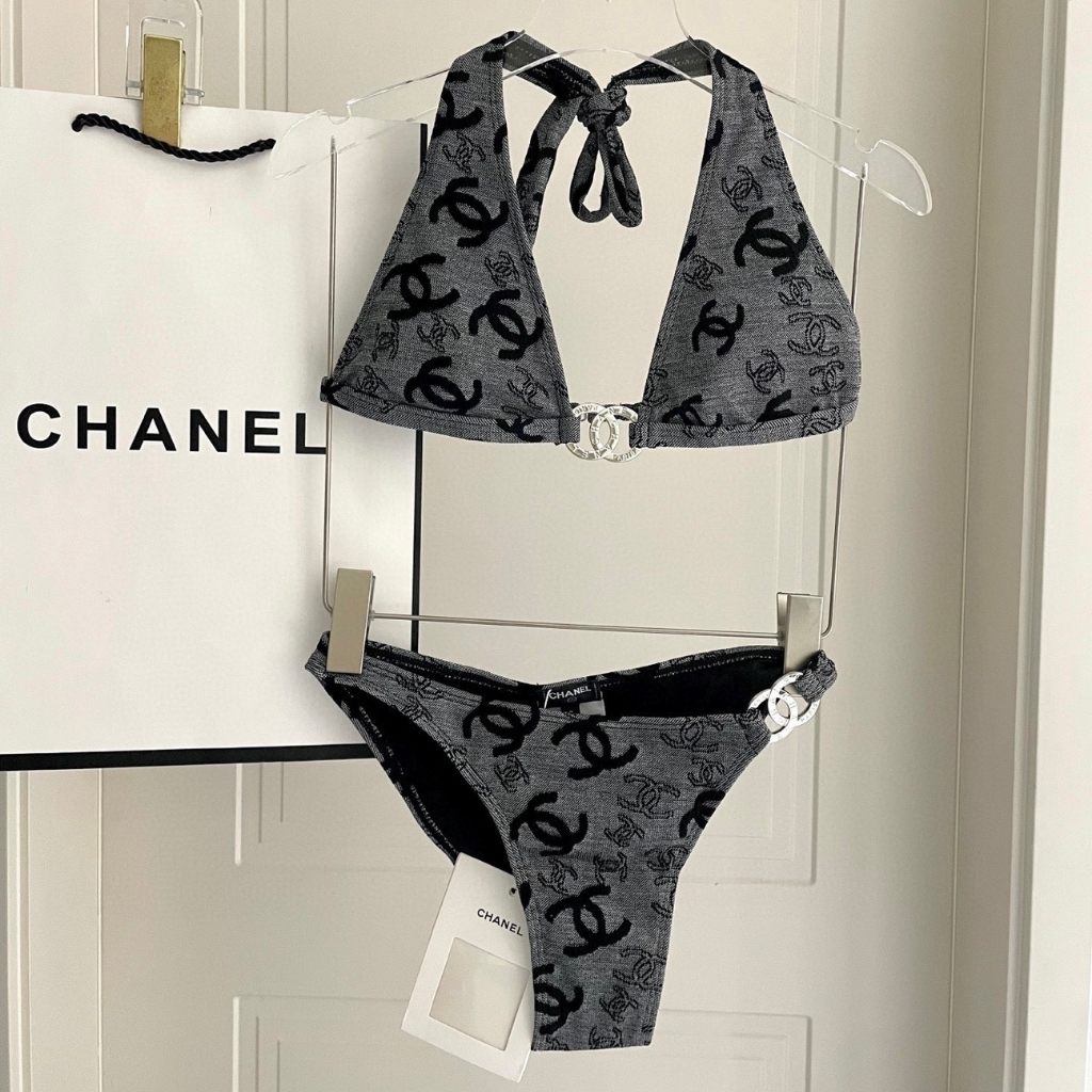 Chanel CC Logo Bikini Set Grey And Black - Image 3
