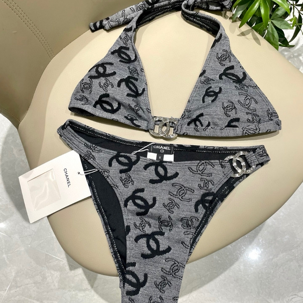 Chanel CC Logo Bikini Set Grey And Black - Image 4