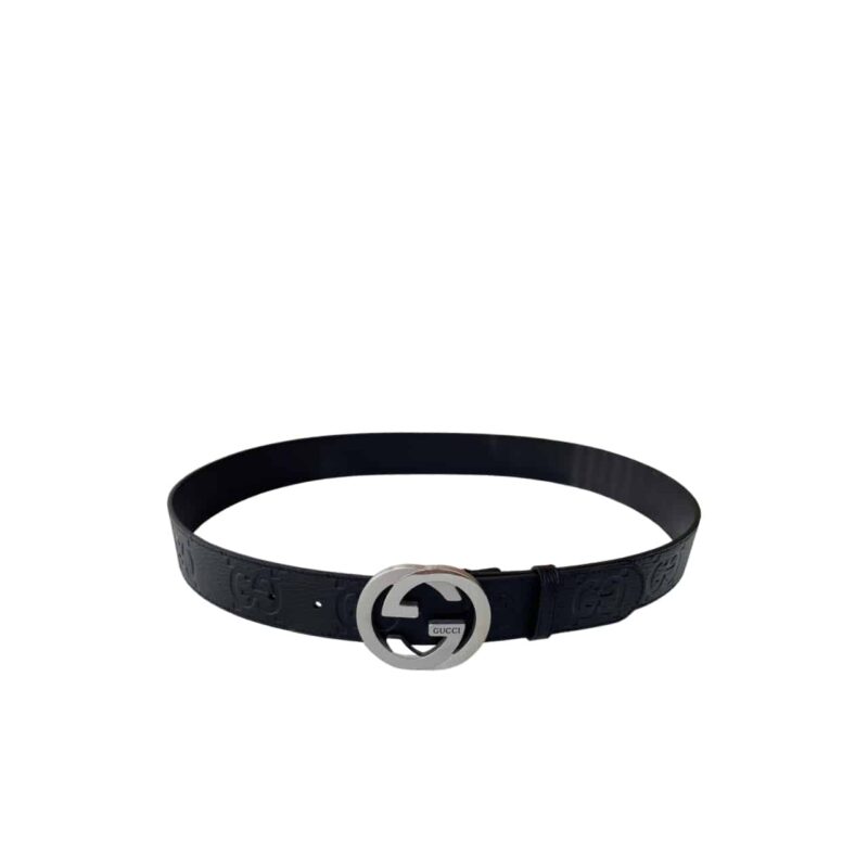 Gucci Men'S Reversible Gg Belt Silver Hardware Black 40Mm