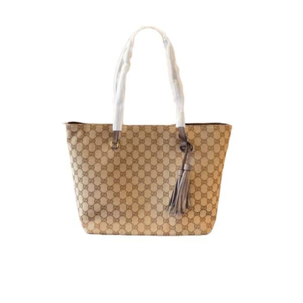 Gucci Gg Canvas Fringe Bamboo Tote Bag Beige Brown 31Cm
