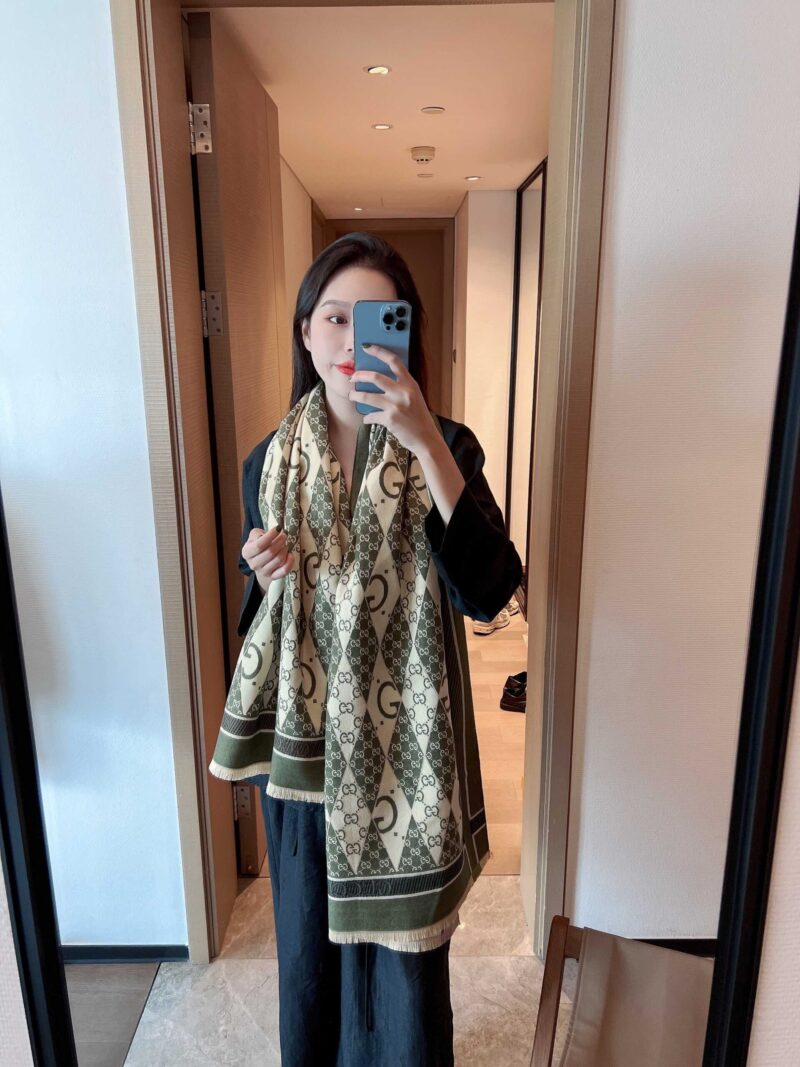 Alternative view of Gucci Gg Patchwork Backgammon Print Scarf Green