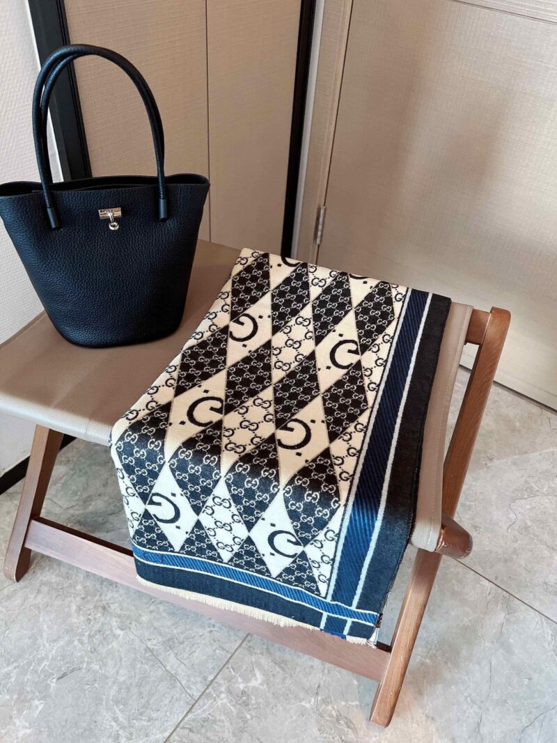 Alternative view of Gucci Gg Patchwork Backgammon Print Scarf Blue