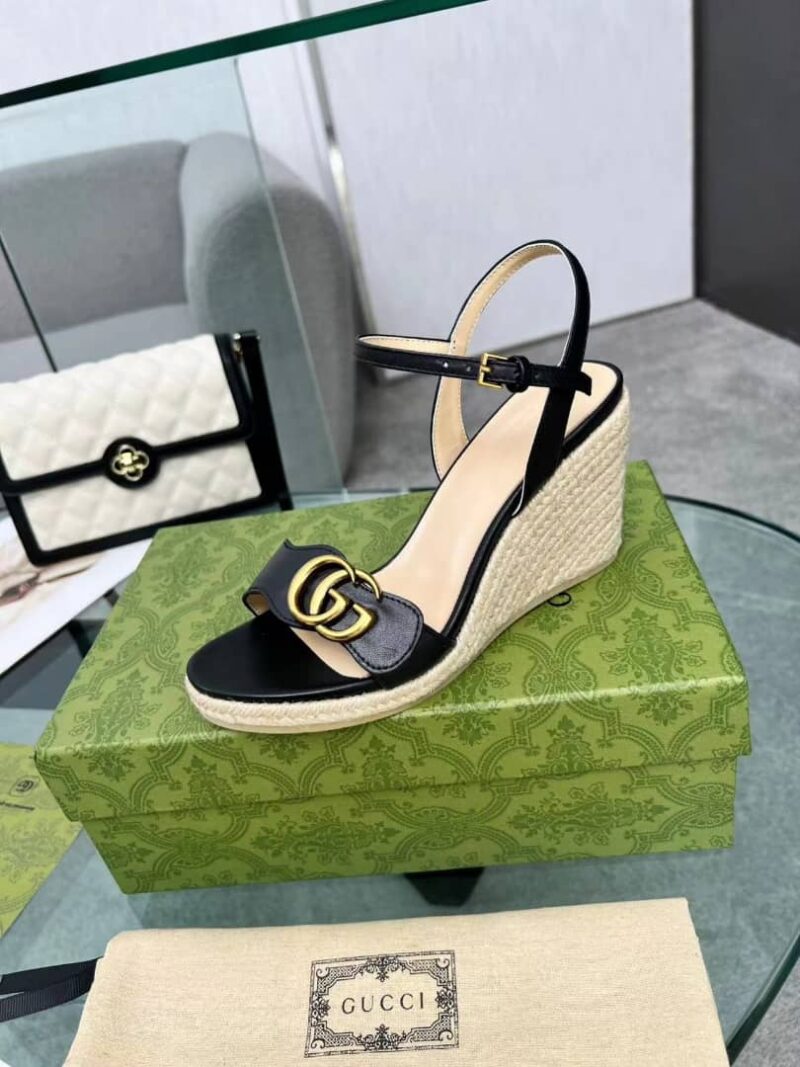 Alternative view of Gucci Leather Wedge Espadrille Sandals Black 8Cm
