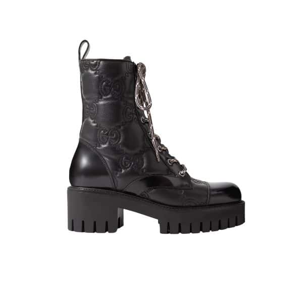 Gucci Women'S Gg Matelassé Lace Up Boot Black 718386 Ds8U0 1000