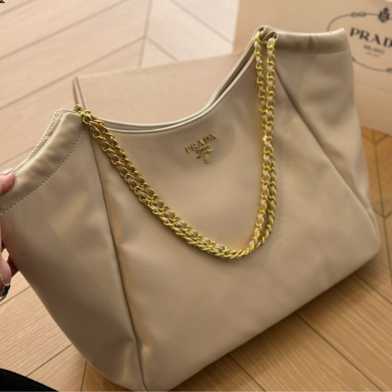Alternative view of Prada Pomice Soft Calfskin Leather Chain Tote Bag Beige 38Cm