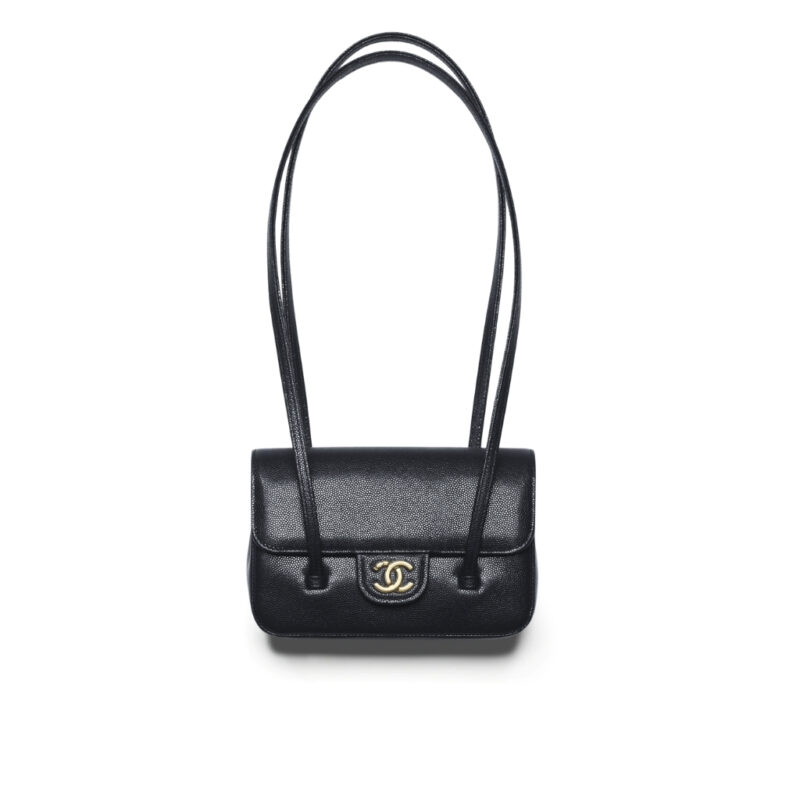 Chanel Clutch With Leather Strap Grained Shiny And Gold Tone Black 17cm