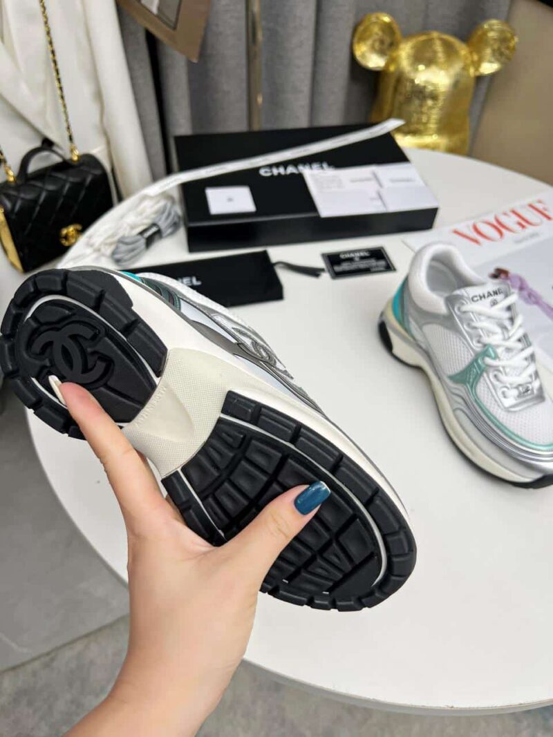 Alternative view of Chanel 23C Silver Metallic Cc Logo Lace Up Flat Runner Trainer Sneaker White Turquoise