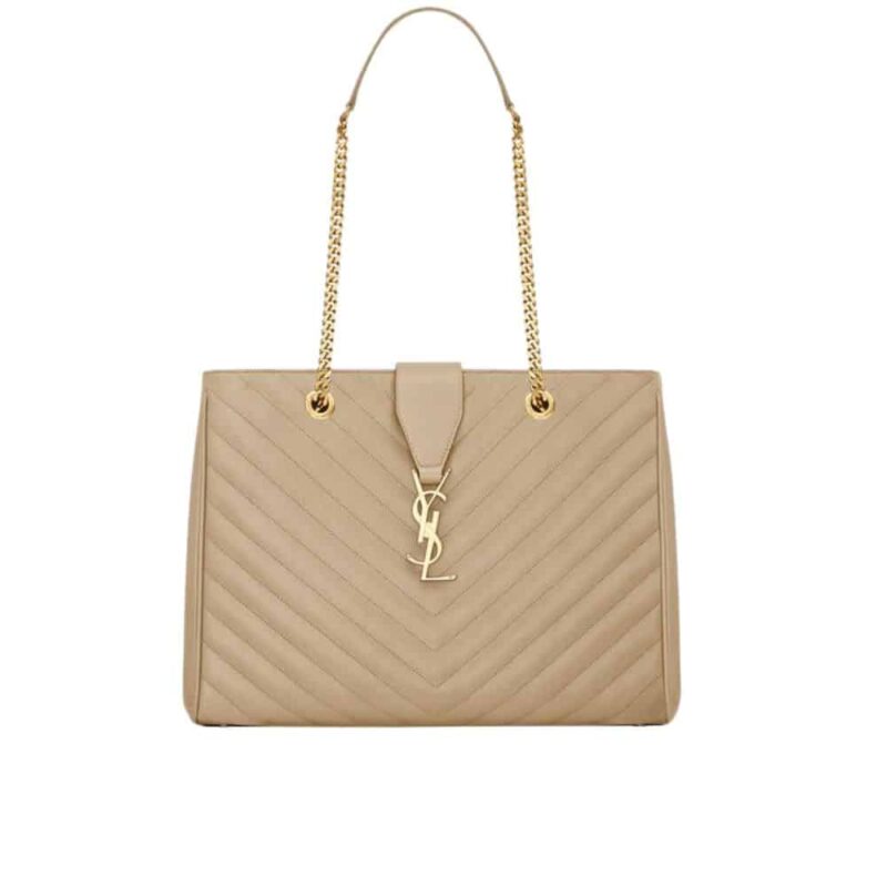 Saint Laurent Grain De Poudre Matelasse Chevron Shopping Bag Gold Hardware Beige 32Cm