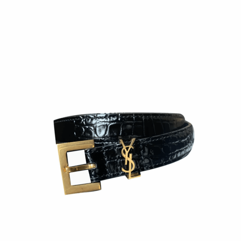 Saint Laurent Croc Embossed Leather Belt Black And Gold 26267332