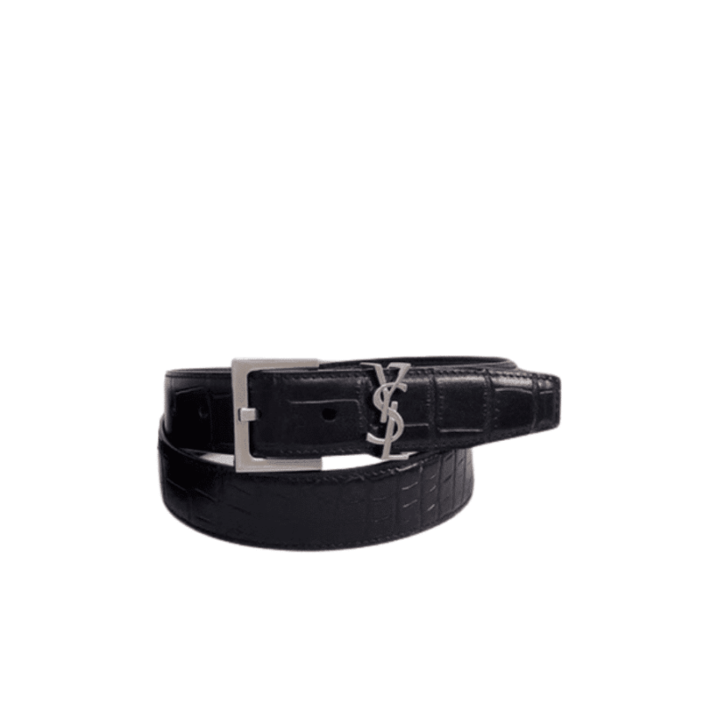 Saint Laurent Croc Embossed Leather Belt Black And Silver 26267332