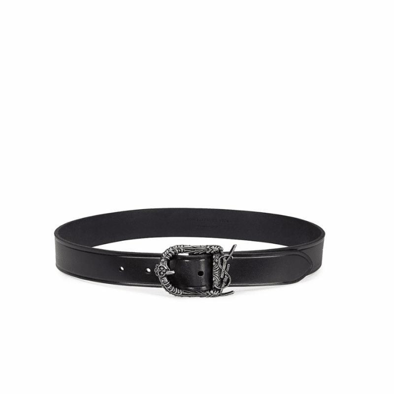 Saint Laurent Monogram Celtic Leather Black And Silver Belt 0400017970125