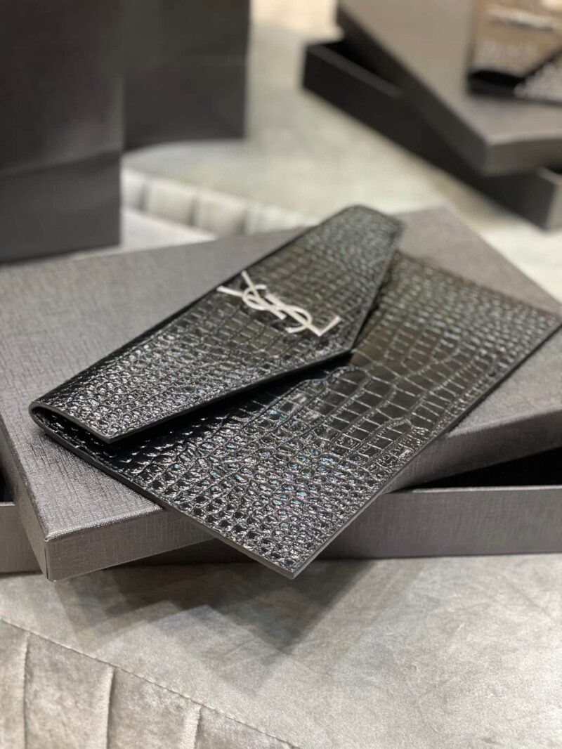 Alternative view of Saint Laurent Uptown Pouch In Crocodile Embossed Shiny Leather Silver Black 27Cm 565739Dnd0N1000