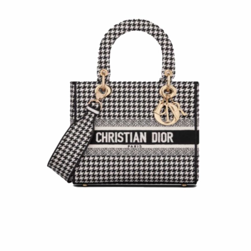 DIOR LADY D-LITE BAG HOUNDSTOOTH EMBROIDERY BLACK 24CM