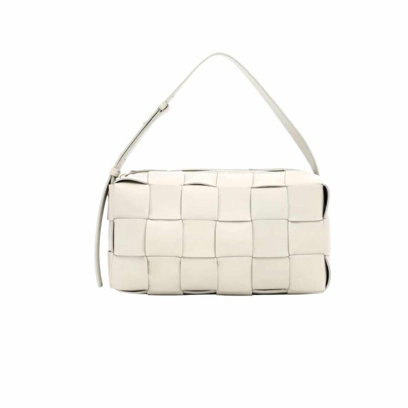Bottega Veneta Brick Cassette Intreccio Leather Shoulder Bag White 28Cm