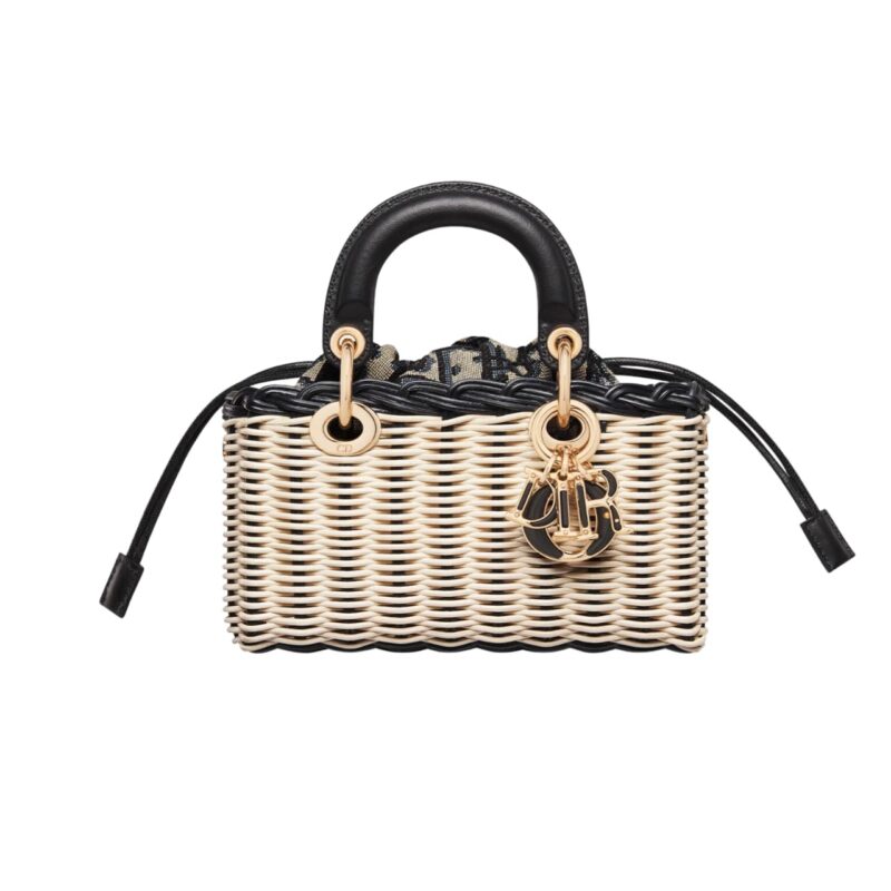 DIOR LADY D JOY BAG OBLIQUE JACQUARD NATURAL WICKER AND BLUE 25CM S09105MVZ M918