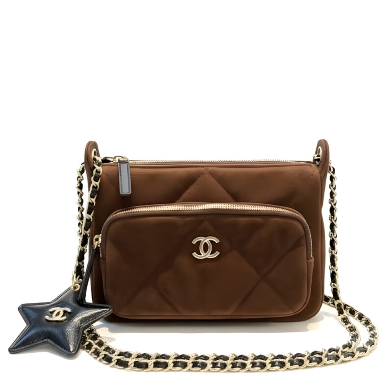 Chanel Clutch With Strap Velvet Effect Nylon Glossy Wrinkled And Gold Metallic Brown 20Cm