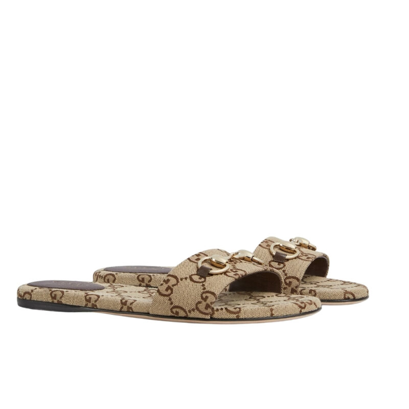 Gucci Women's Slide Sandal With Horsebit Beige And Dark Brown GG Canvas 835828 FAB10 2543