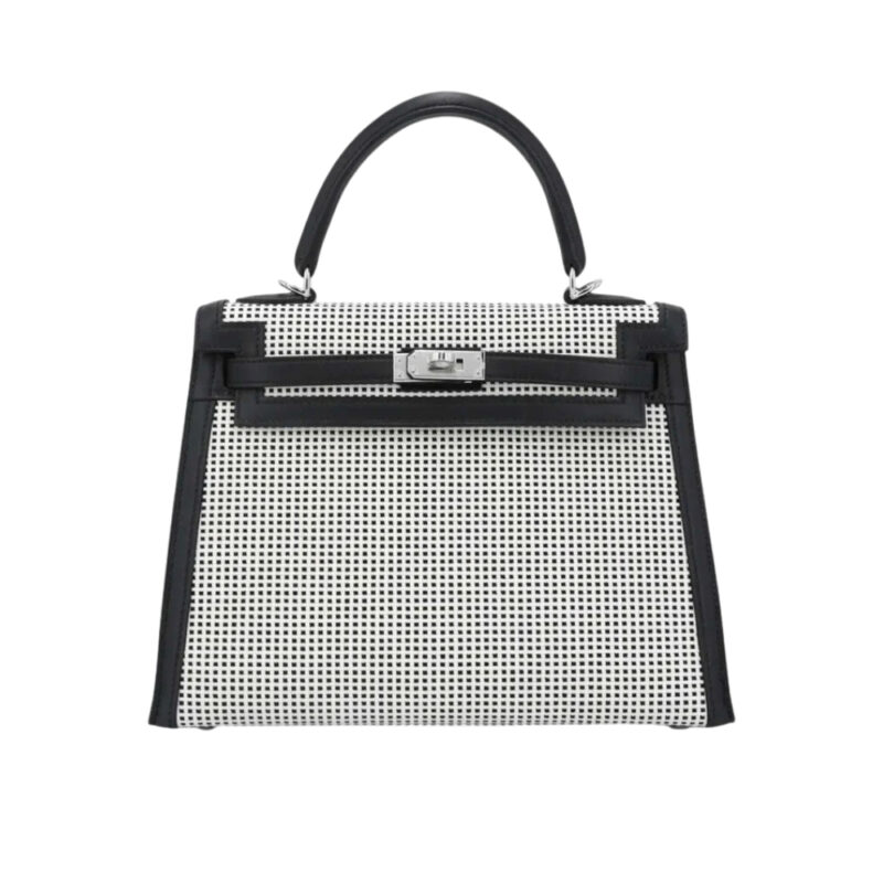 Hermes Kelly 25 Toile Quadrille Canvas Swift Black Phw 25Cm