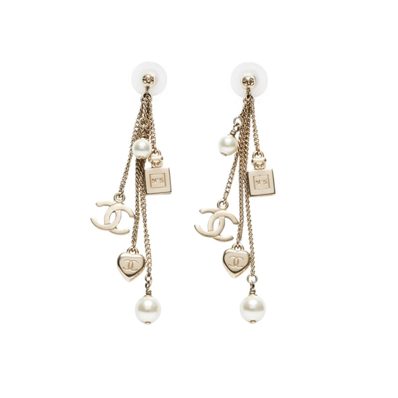 Chanel CC Logo Perfume Bottle Heart Pearl Earrings Metal Faux Pearl Gold