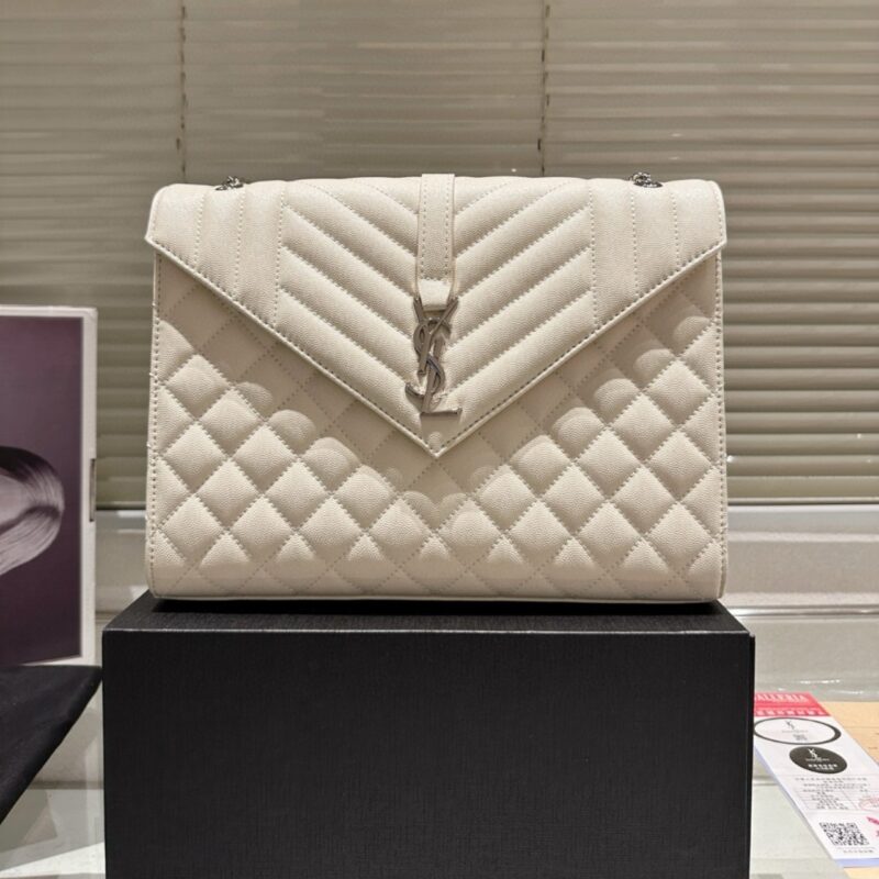 Alternative view of Saint Laurent Grain De Poudre Matelasse Chevron Large Triquilt Monogram Satchel White 30Cm Ars4381340717