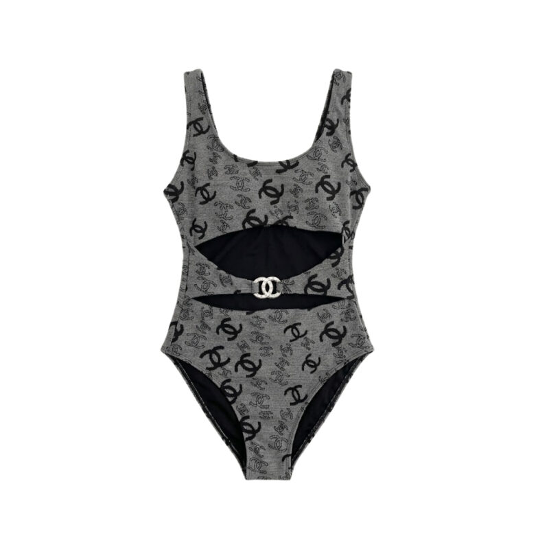 Chanel One Piece Swimsuit Grey And Black