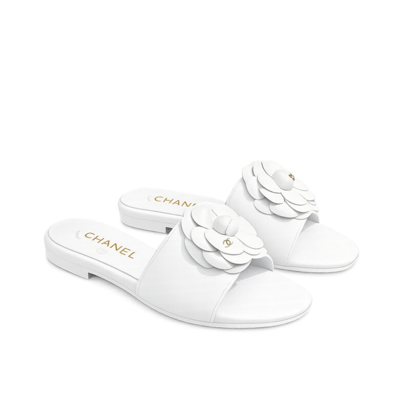 Chanel CC Mules With Camellia In White Slides