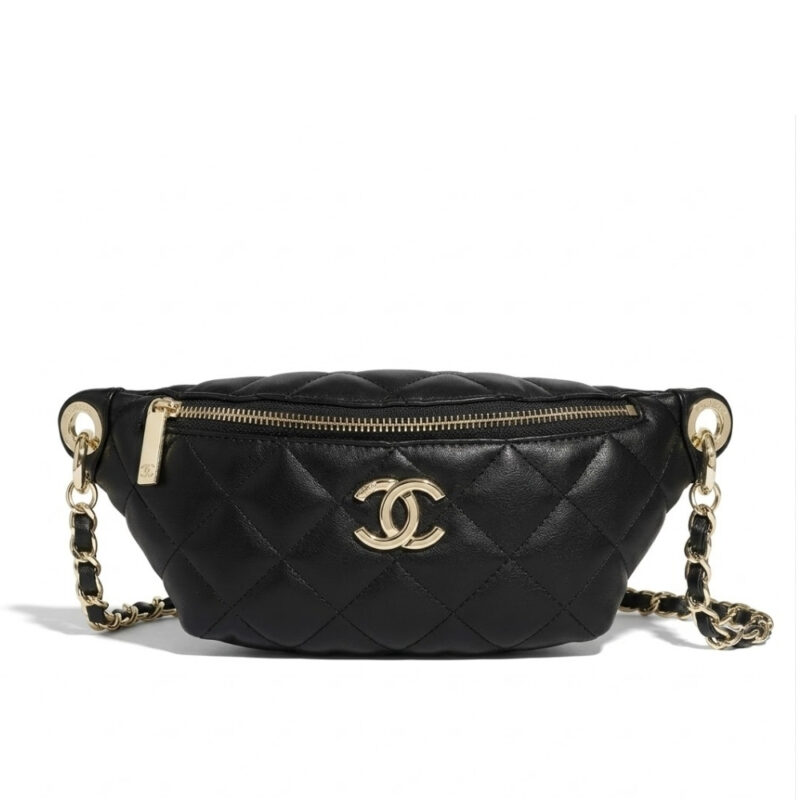 Chanel Waist Bag Gold Tone Metal In Black 23cm