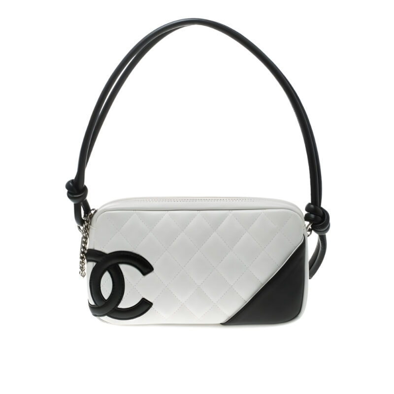 Chanel Cambon Pochette Quilted Leather White And Black 22Cm