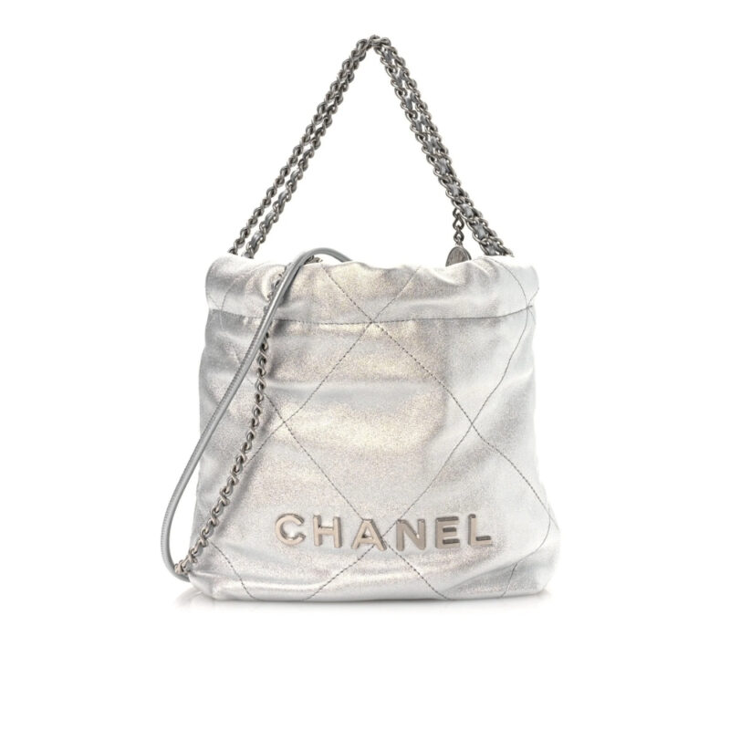 Chanel 22 Mini Handbag Shiny And Gold Tone Metal Silver 20cm