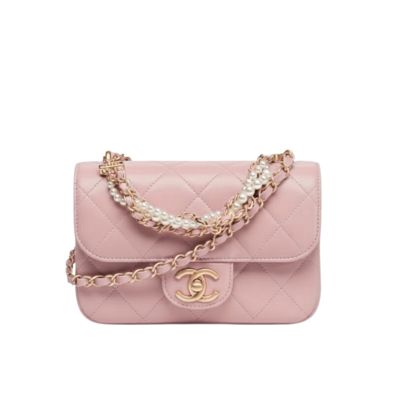 Chanel Mini Flap Bag in Shiny Leather and Pearls Light Pink 20Cm