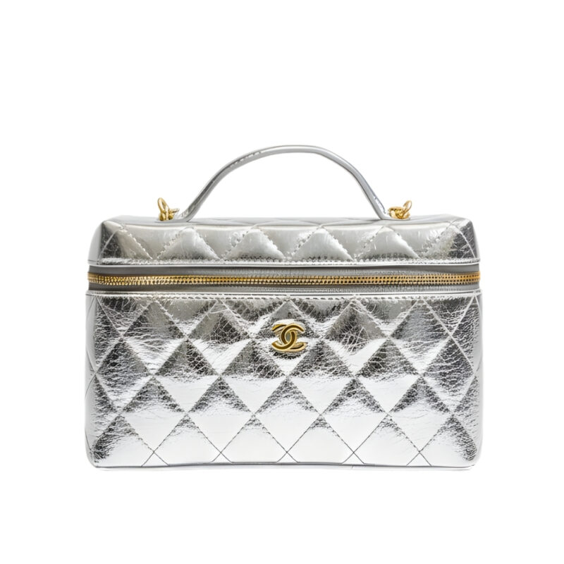 Chanel Vanity Case With Chain Metallic Silver 20Cm