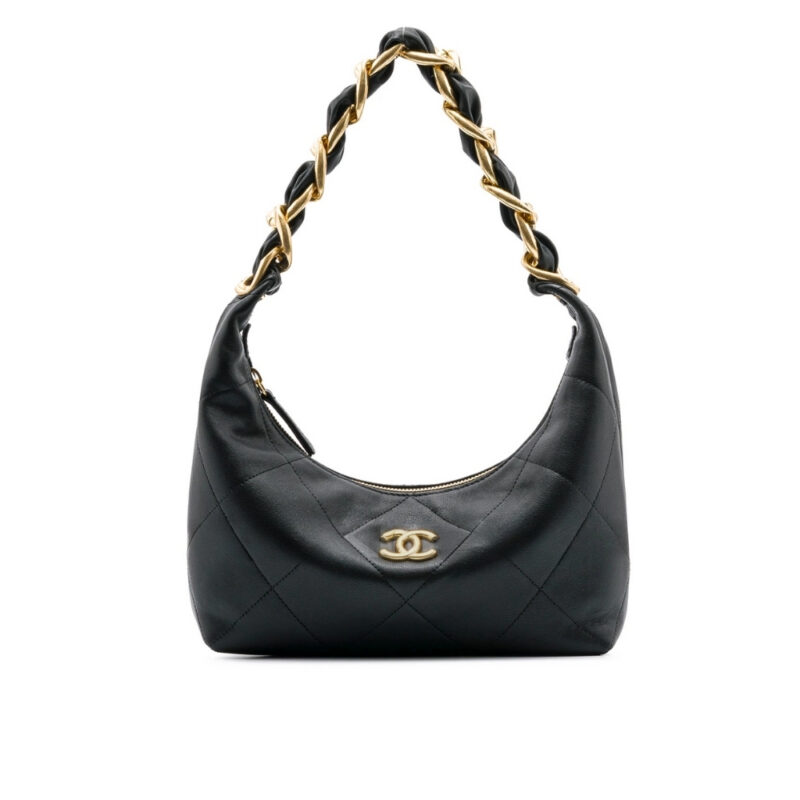 Chanel Hobo Handbag Shiny And Gold Tone Metal Black 24Cm