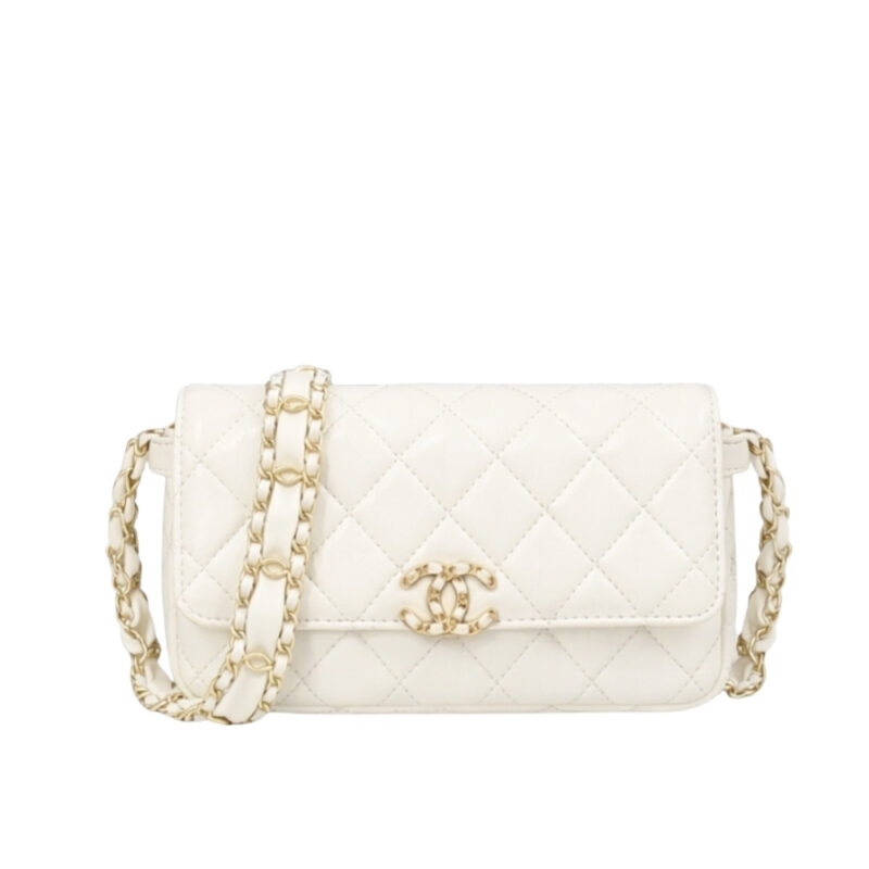 Chanel Phone Holder with Chain Aged Leather White 18Cm AP3570 B14306 10601