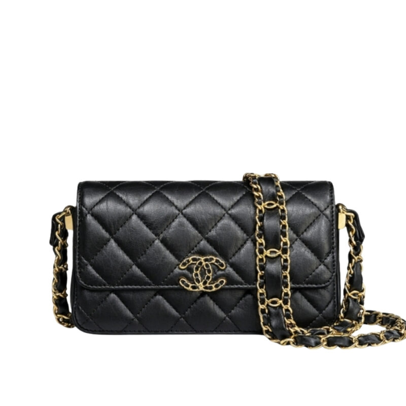 Chanel Phone Holder with Chain Aged Leather Black 18Cm AP3570 B14306 94305