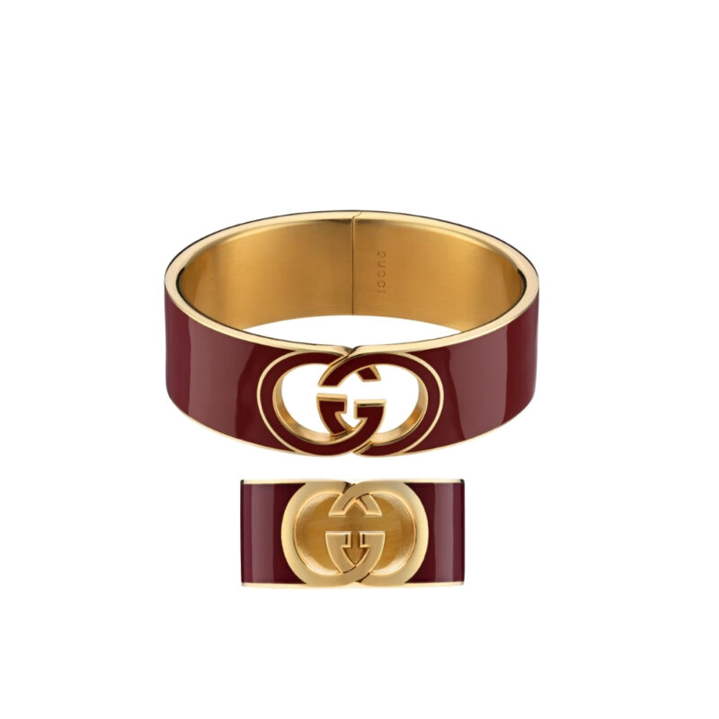 Set Gucci Cuff Bracelet And Ring Interlocking Enamel Red Gold Tone