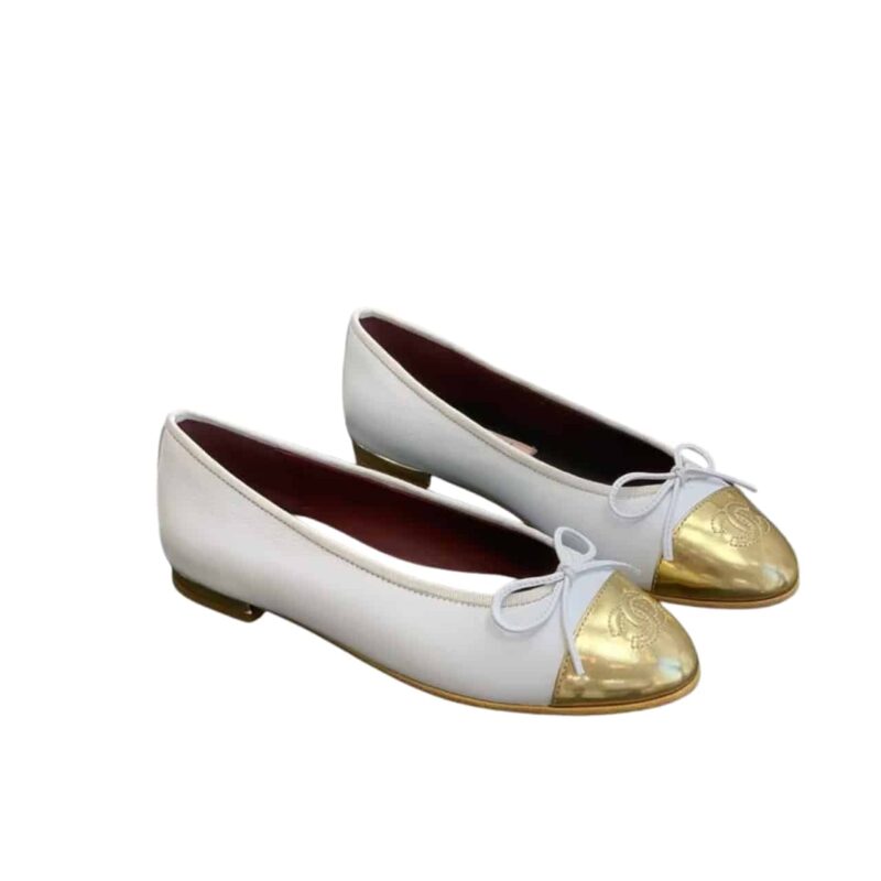 Chanel Leather Cap Toe Ballet Flats White Gold