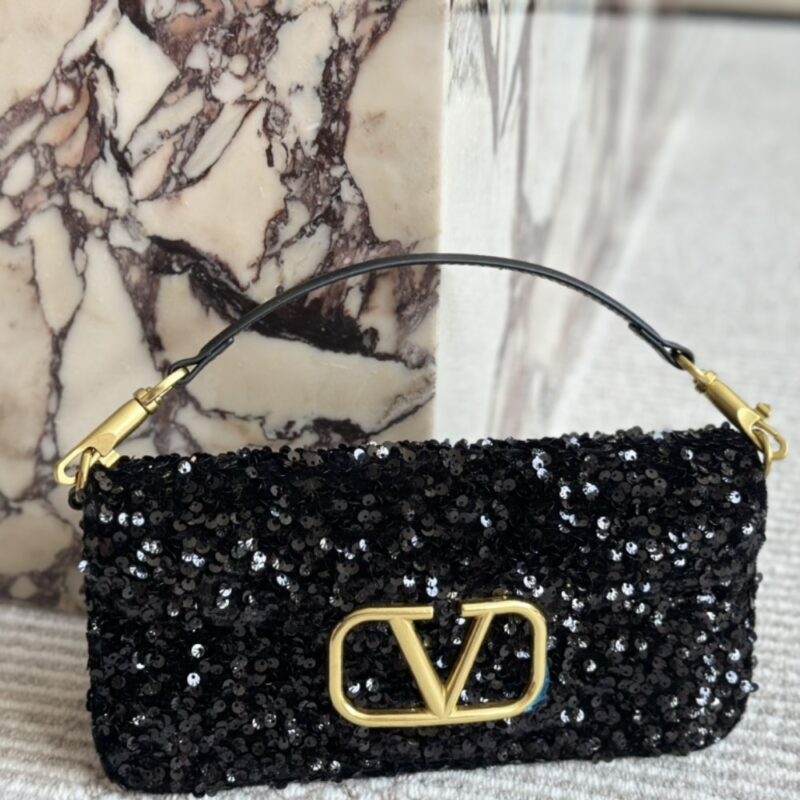 Alternative view of Valentino Loco Medium Vlogo Sequins Shoulder Bag Black 26Cm
