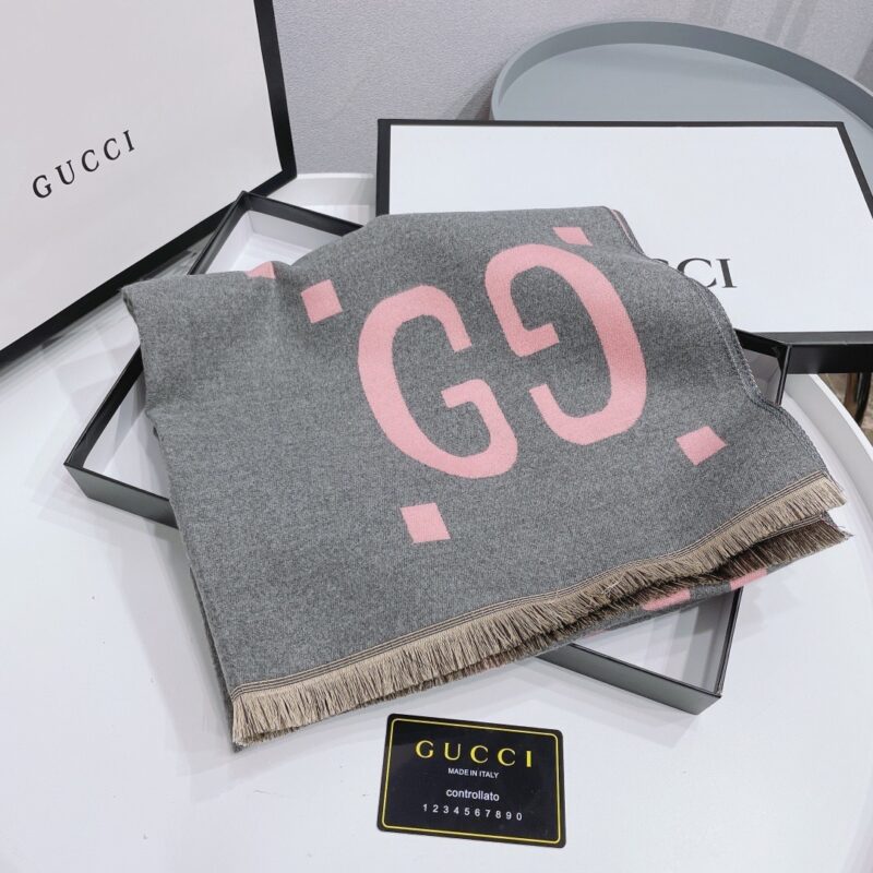 Alternative view of Gucci Gg Jacquard Wool Silk Scarf Grey Pink 180Cm 558007 3G636 1272G