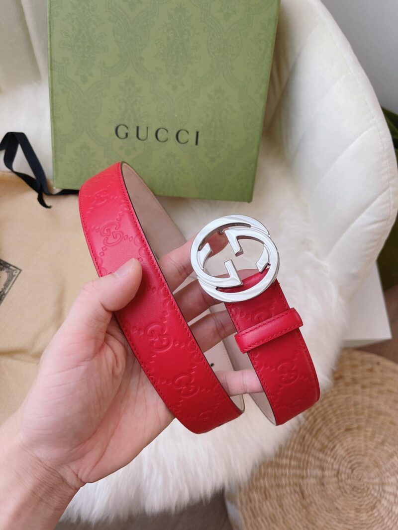 Alternative view of Gucci Calfskin Monogram Red Belt Silver Metal 3.5Cm