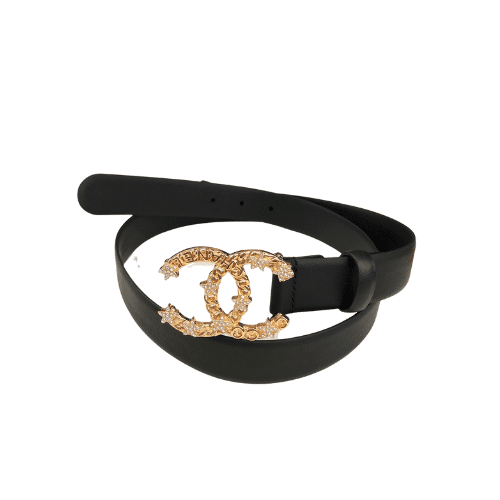 Chanel Pearls Crystal Gold Black Belt 28Mm