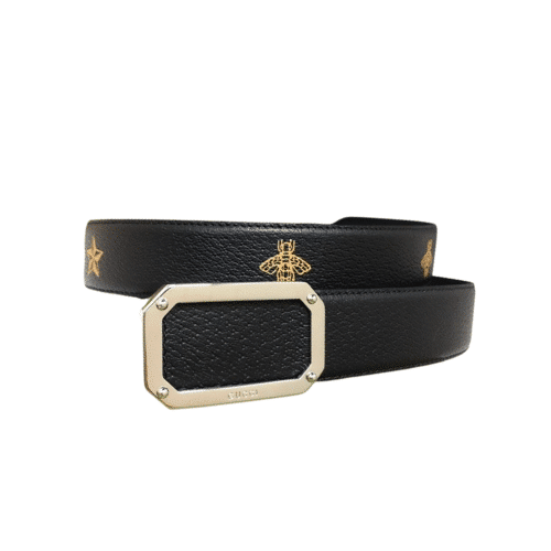 Gucci Black Belt With Square Silver Buckle And Bee Star 35Mm