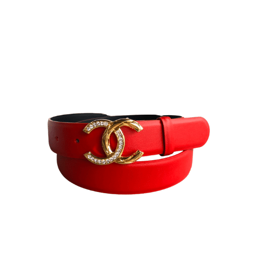 Chanel Leather Belt With Cc Pearl And Gold Tone Metal Red 3Cm