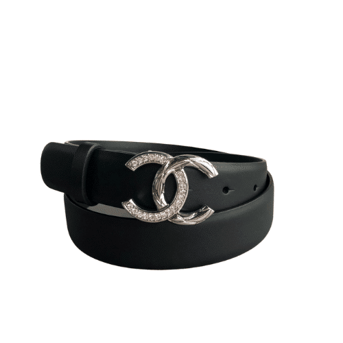 Chanel Pearl And Leather Silver Tone Metal Black 3Cm