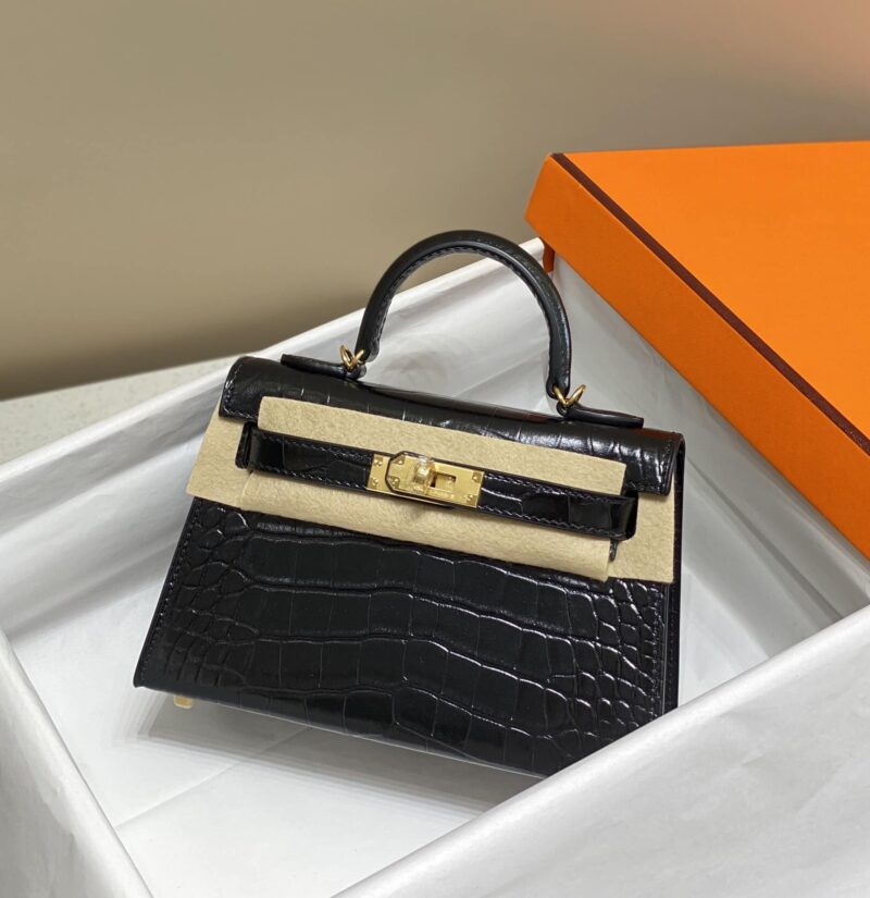 Alternative view of Hermes Mini Kelly Crocodile Gold Toned Hardware Black 19Cm