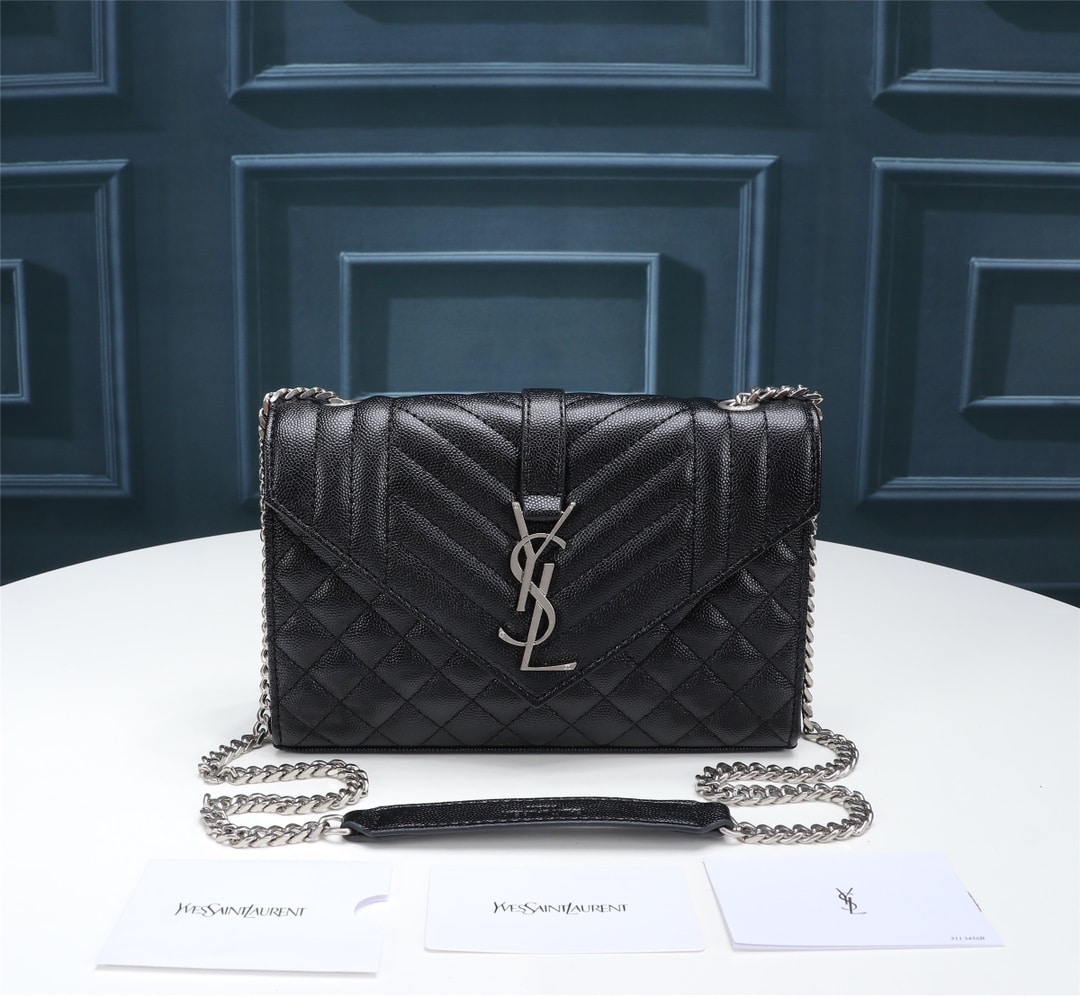 Saint Laurent Envelope Small In Quilted Grain De Poudre Embossed Leather Black Silver 21cm 600195BOW921000 - Image 2