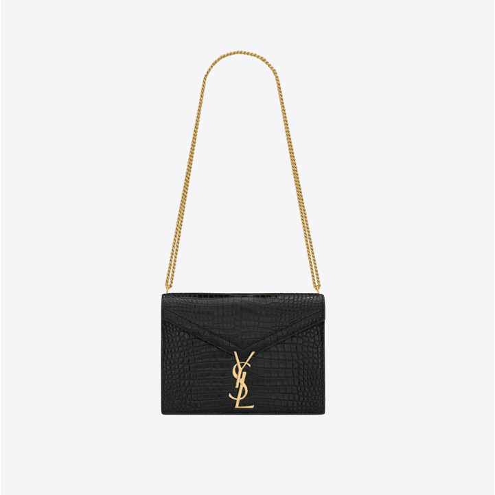 Saint Laurent Cassandra Croc-Embossed Shiny Leather Cross-Body Bag Black